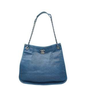 CHANEL Blue Leather Logo Tote Bag
